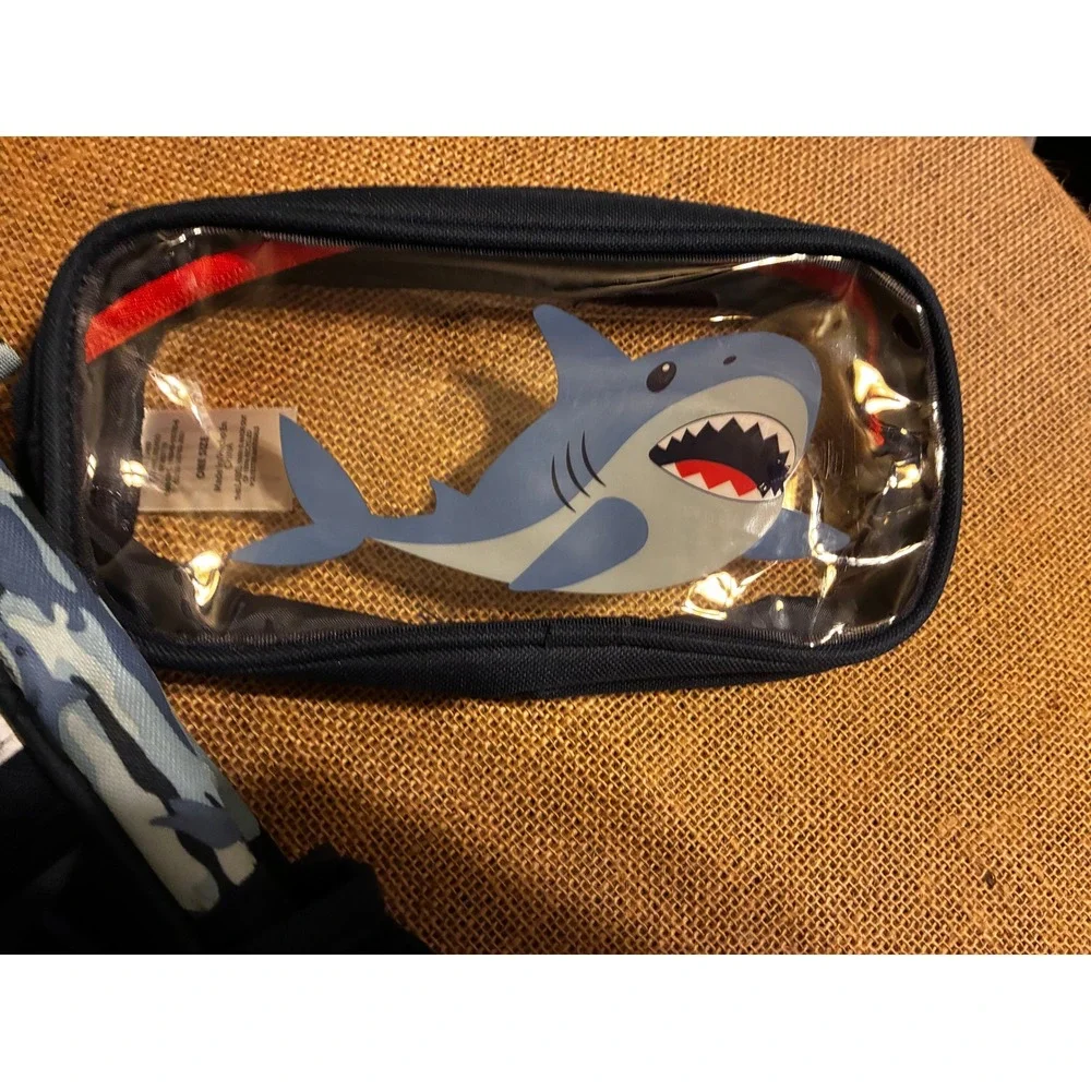 Cat & Jack Shark 4 Piece Backpack Set Blue Camo Lunch Bag Pencil Pouch Keychain